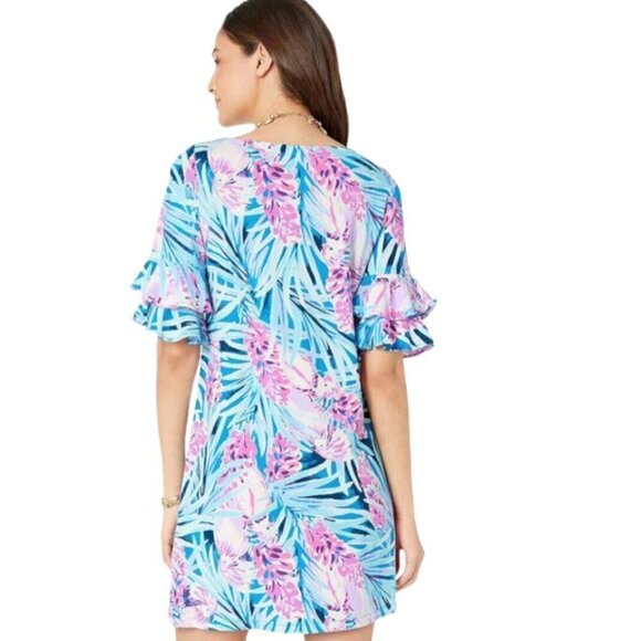Lilly Pulitzer Lula Shift Dress Mister Pink Floral Birds Ruffle Sleeve size XS - Picture 4 of 9